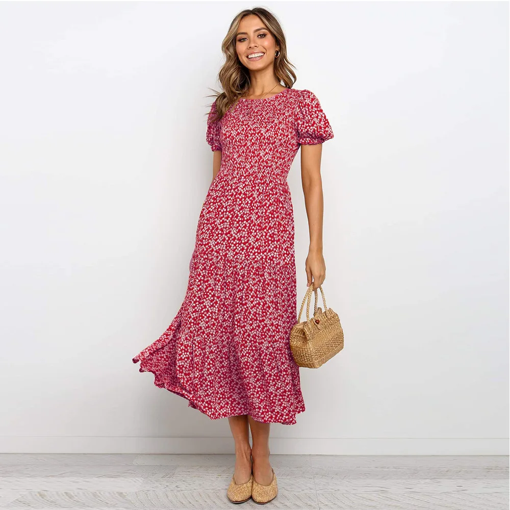 

2020 Bohemian O Neck Lantern Sleeve Floral Empire Patchwork Women Dresses flowers Print Spring Mid Calf Short Sleeve Lady Dress