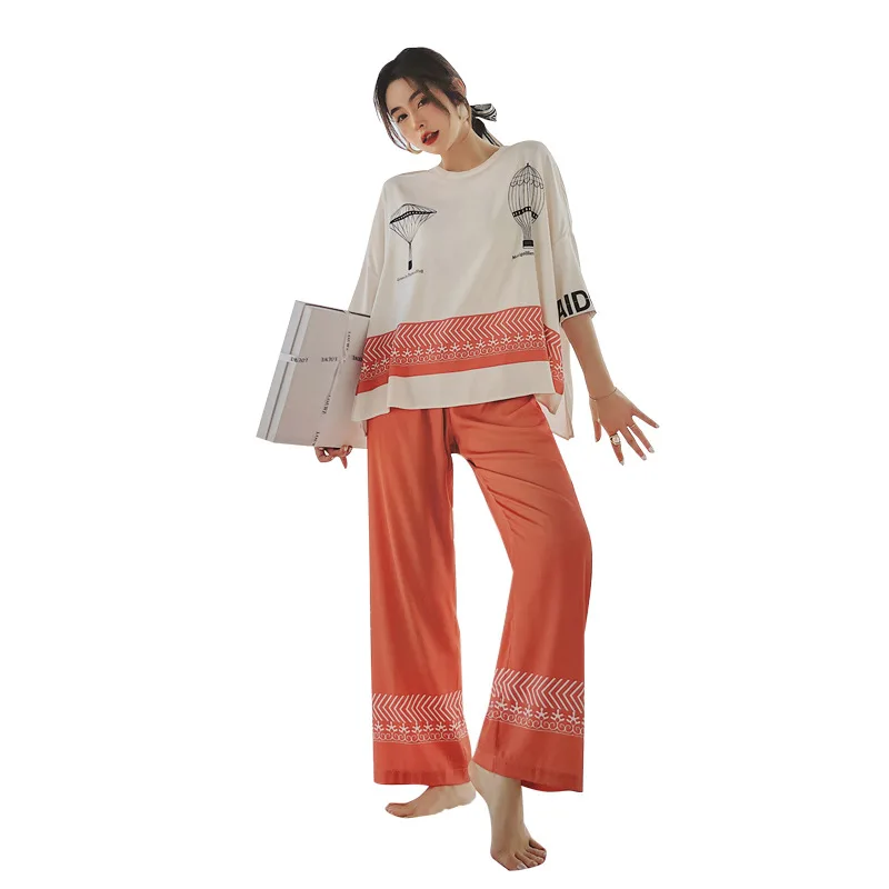 

Women Print Nightwear Sleepwear Round Collar 2PCS Pajamas Suit Casual Sleep Set Intimate Lingerie Spring Autumn New Pyjamas