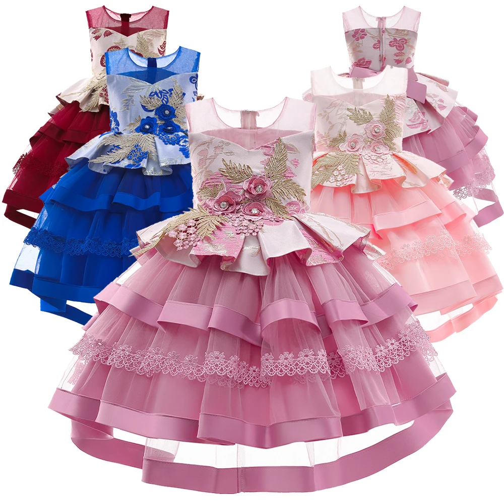 

Kids Ball Gown Trailing Girl Elegant Children Cake Lace Tulle Red Embroidered Flower Evening Party Princess Dress 3-10 Years