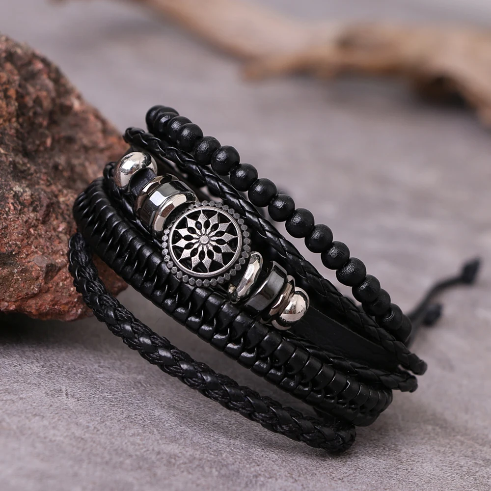 

IFMIA 4pcs/ set Adjustable Leather Bracelets for Men Braided PU Black Brown Bangle Life Tree Leaf Rudder Charm Bracelet Gift