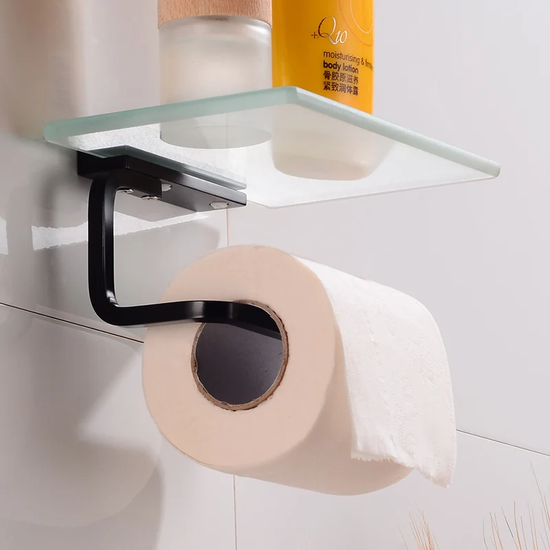 

Toilet Paper Holder with Shelf Glass Aluminum Black Paper Towel Holders Wall Mounted Bathroom Tissue Roll Paper Holder Creative