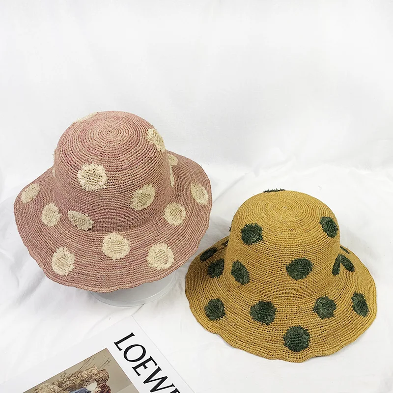 Летняя женская шляпа ручной работы с цветными точками и травой из рафии от солнца
