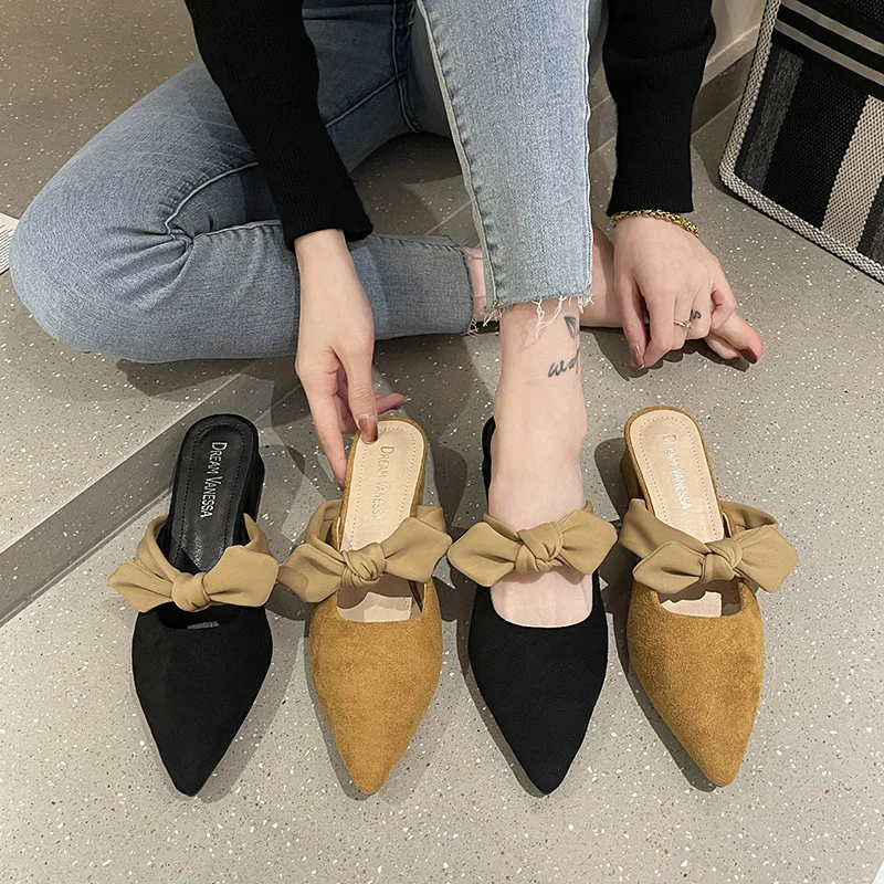 

Cover Toe Square heel Slippers Soft Med Butterfly-Knot Shoes Slipers Women Flock Slides Block Comfort 2021 Pointed Summer Butter