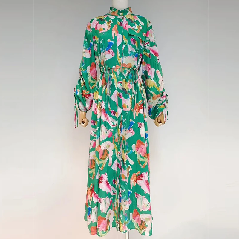 2022 Spring Fashion Designer Long Dress Women Green Flowers Printed Draw String Single Breasted Elegant Casual Dresses