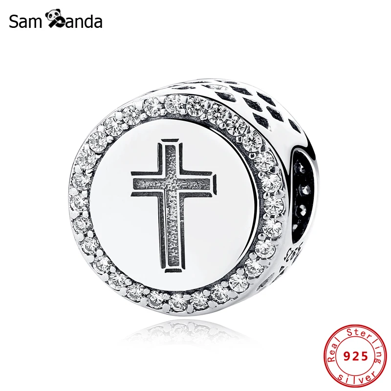 Оригинальные 100% бусины из стерлингового серебра 925 Charm Faith Cross подвеска Иисус паве