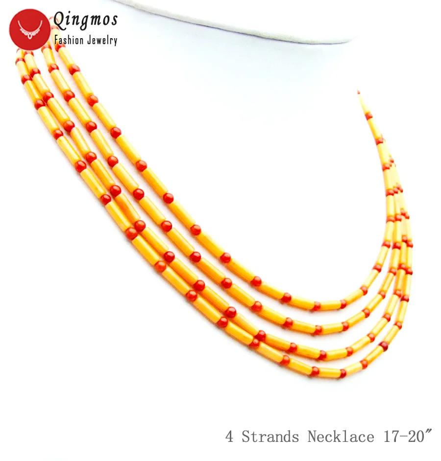 Qingmos 3*9mm Thick Slice Natural Orange Coral Necklace for Women with 3mm Red Jewelry 4 Strands Chokers 17'' | Украшения и