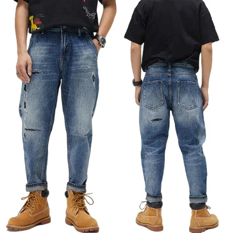 Men Jeans Denim Loose Straight Leg Ripped Patch Jeans Men Retro Beggar Ripped Jeans