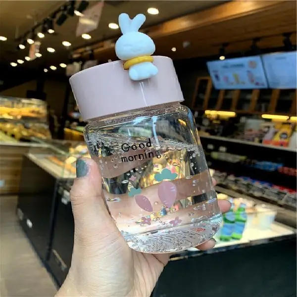 

340ML Cute Rabbit Water Bottle BPA Free Transparent Glass Bottle Tour Sport Style Non-slip Drinkware Gift Coffee Cup