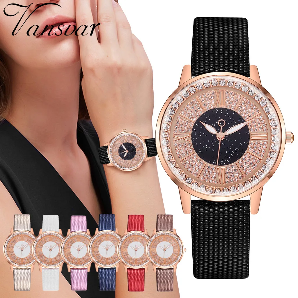 Ladies Casual Watch Women Rose gold dial Leather Strap Quartz Wristwatches Luxury Brand Women's diamond Fashion Bracelet Clock | Наручные