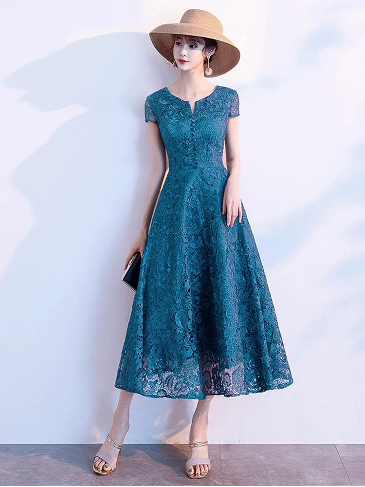 

Элегантное синее кружевное платье в виде павлина, простое платье для матери с коротким рукавом и круглым вырезом