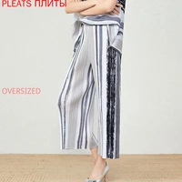 popular color striped printed pleated womens pants summer miyake high waisted straight wide legged slim casual cropped trousers