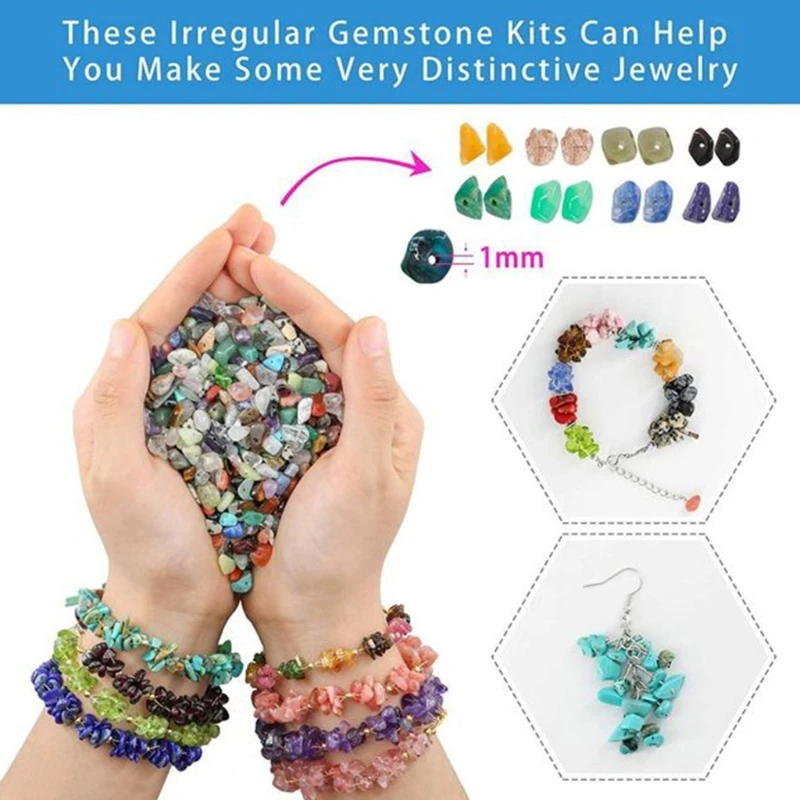 

Natural Irregular Gemstones Beads Kit Jump Rings Ear Hooks Pliers Lobster Clasps G2AF