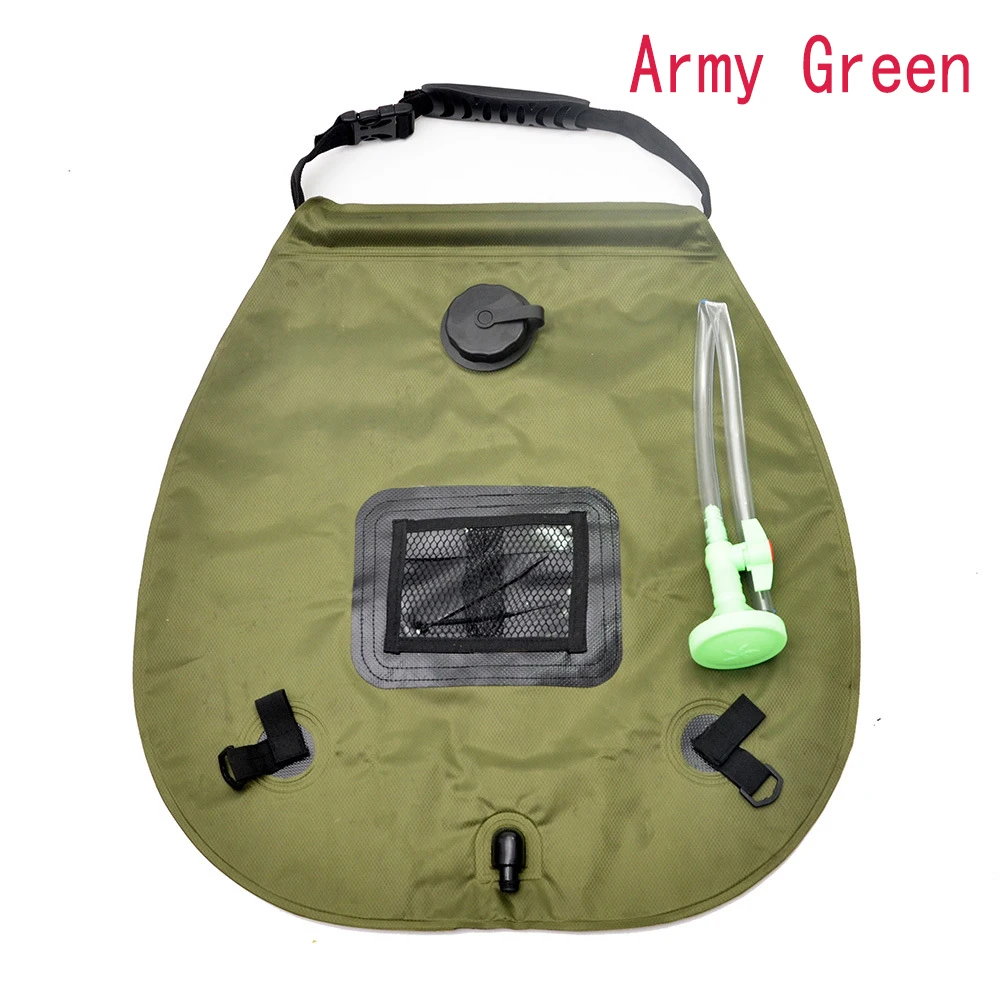 army green Водяные сумки для походов на открытом воздухе, Походные солнечные сумки для душа, 20л нагревательные сумки для кемпинга, сумка для душа, шланг, переключаемая душевая головка - Цвет: army green