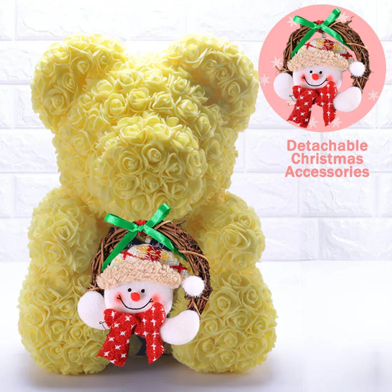 Yellow 40cm Christmas Gift 40cm Red Bear Rose Artificial Soap Roses Teddi Bear Eternal Flower Valentine Garland Gift Girl Friend Snowman - Цвет: Yellow 40cm