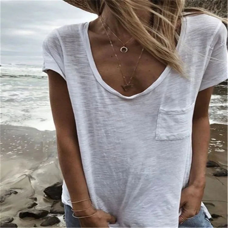 

Shirts for Women Large V Neck Collar Pocket Short-sleeved Sweater Solid Color Pocket Decoration Women's T-shirt Blouse