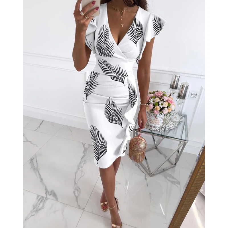 

Summer Women Fashion Slim Sleeve Dresses Ladie Freeshpping Printing Clothes Solid Color V Neck Elegant Midi Dress Vestidos