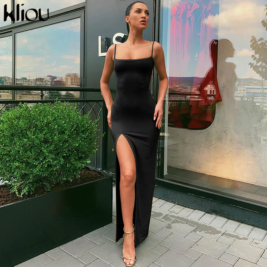 

Kliou 2019 sleeveless slit sexy maxi long dress autumn winter women fashion party elegant outfits bodycon black pure clothing