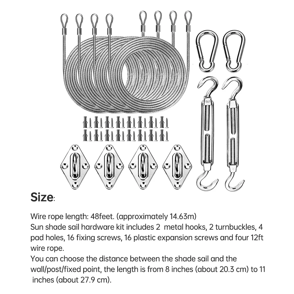 

Sun Shade Sail Hardware Kit Awning Canopy Fixing Installation Accessraies Set With 48 Ft Wire Rope For 4-Corner Sun Shade Sail