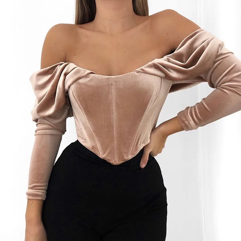 

Women's fall/winter new style velvet strapless one-neck pleated long-sleeved top T-shirt