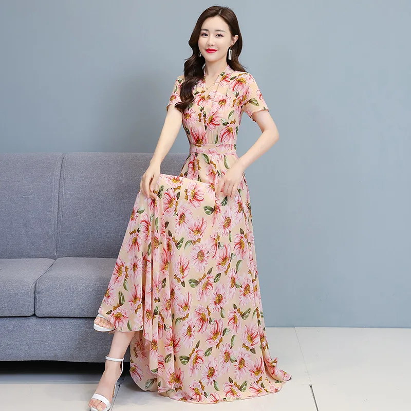 

Dress women's summer 2021 new Korean printing big swing waist slim temperament chiffon floral long beach dress