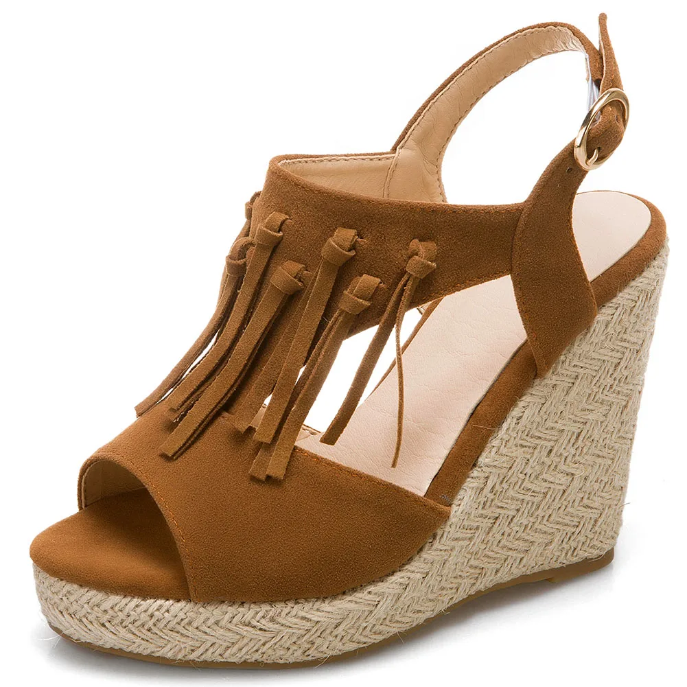 

SaraIris Solid Buckle Strap Platform Sandals Women Wedges Fringe Vintage Casual Sandals Ladies Shoes