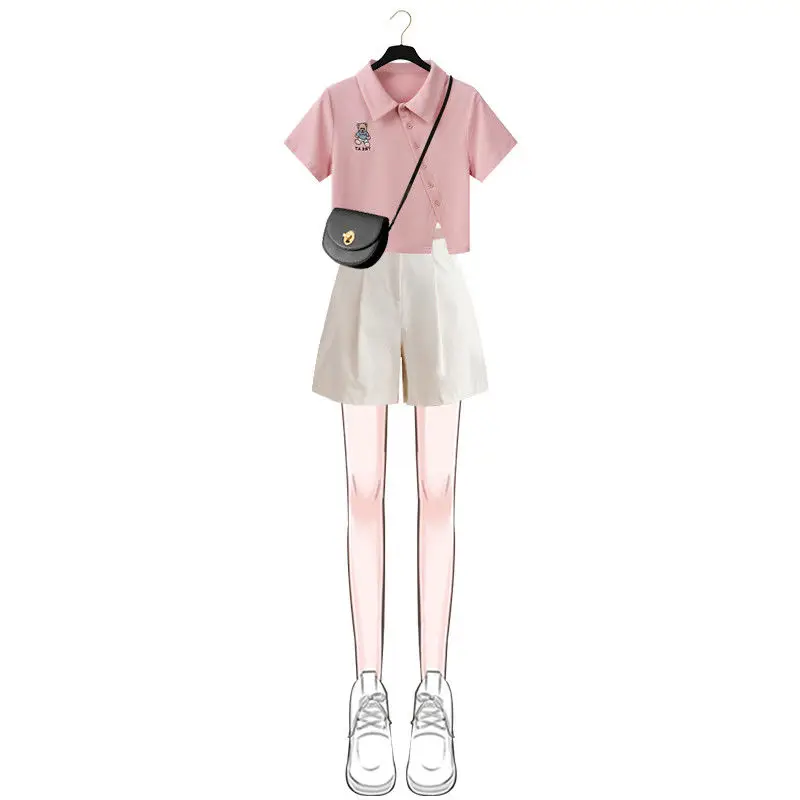 

Women's Summer New Style Japanese Sweet and Thin Single-breasted Lapel T-shirt Fashion Loose Wide-leg Shorts Two-piece Suit