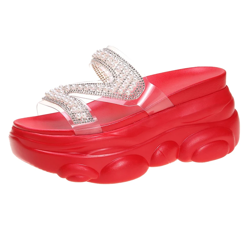 

Summer Women Chunky Slippers Luxury Rhinestone 8cm Wedges Shoes Outside Woman Platform Sandals Soft Yellow Beach Casual Slides