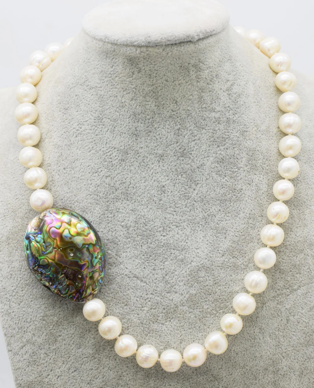 

freshwater pearl white near round 11-12mm and abalone egg necklace 18inch nature beads FPPJ wholesale