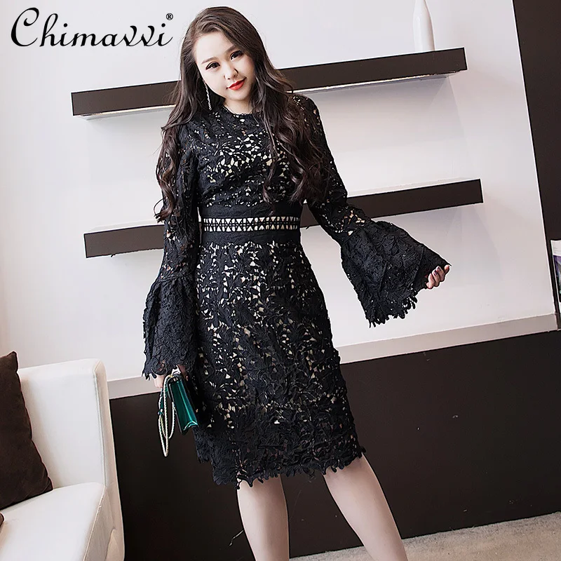 

Large Size Women's Clothing 2021 Autumn New High-End Lace Stitching Hollow Plus Size Dress Fashion High Waist Slim Elegant Dress