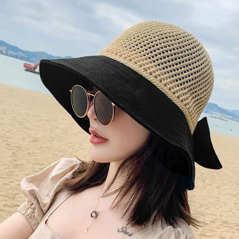 

Sun Hat Female Summer Foldable Small Rim Sunscreen Hat Mesh Fisherman Hat Sun Hat Hollow Beach Woven Straw Hat