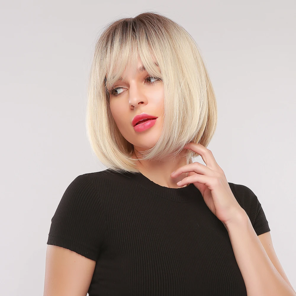 EASIHAIR Natural Hair Bob Wigs Light Blonde Straight Wavy Bob Synthetic Wigs Heat Resistant Cosplay Wig Daily