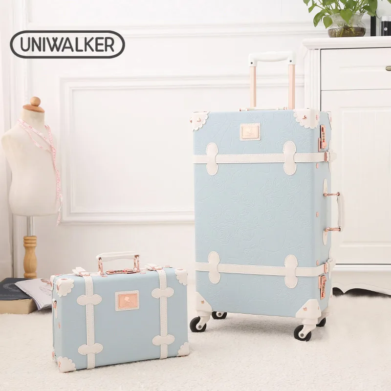 UNIWALKER Light Blue Retro Rolling Luggage with Adjustable Rod Spinner Wheels Vintage Cute Suitcase for Women Carry On