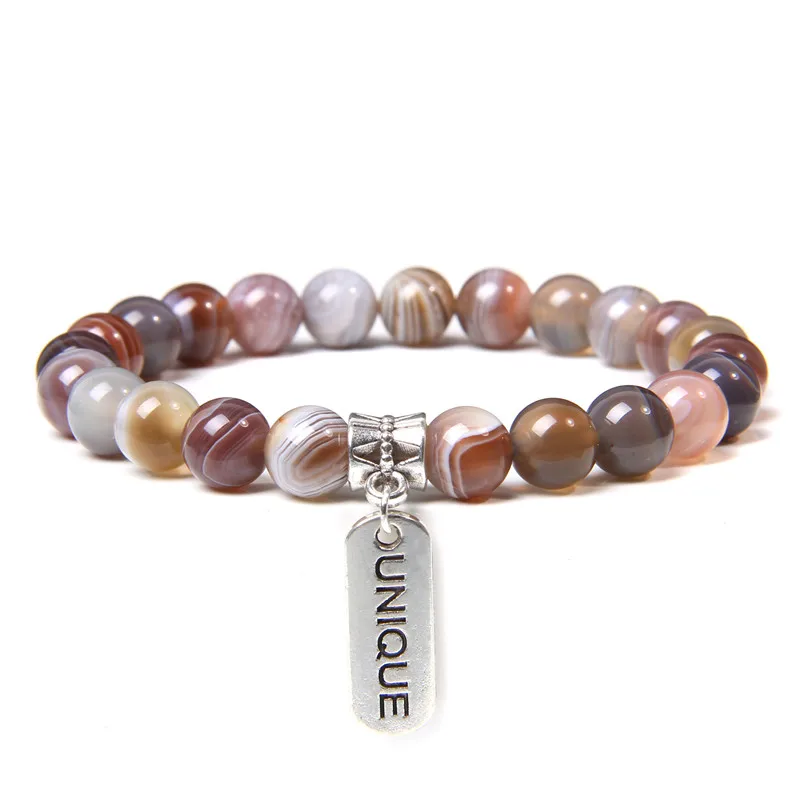 

Natural Botswana Agat Bracelets Men Silver Color Letter Unique Charm Bracelet 8 mm Stone Beads Bangle Handmade Elastic Jewelry