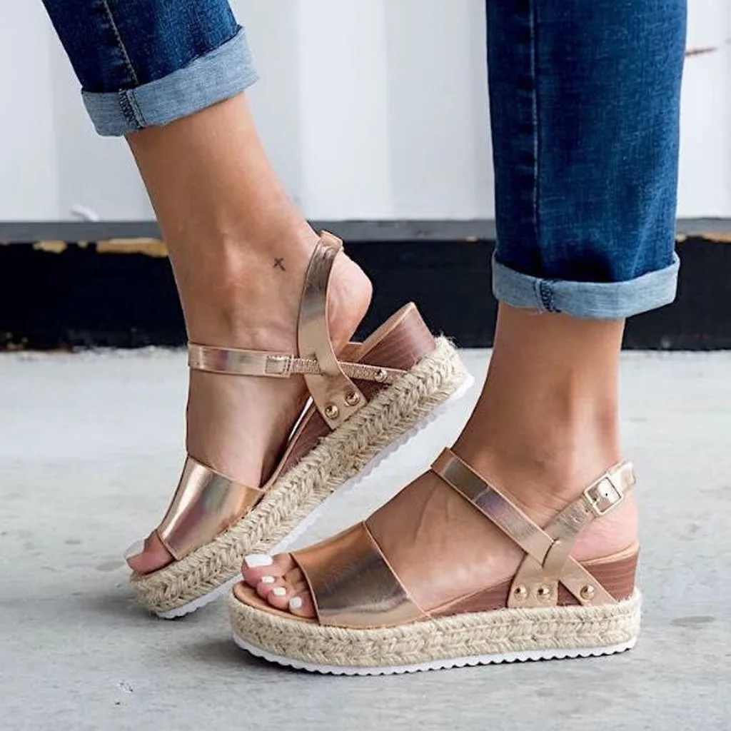 

Shoes 2021 Summer Women Fashion Solid Color Sandals Buckle Strap Wedges Platform Retro Peep Toe Sandals