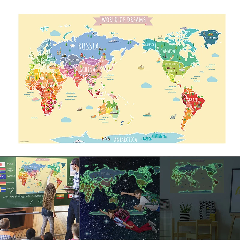 

Luminous World Maps for Wall Removable Adhesive Wall Stickers for Kids Nursery Bedroom Living Room Wall Arts Decor LB88