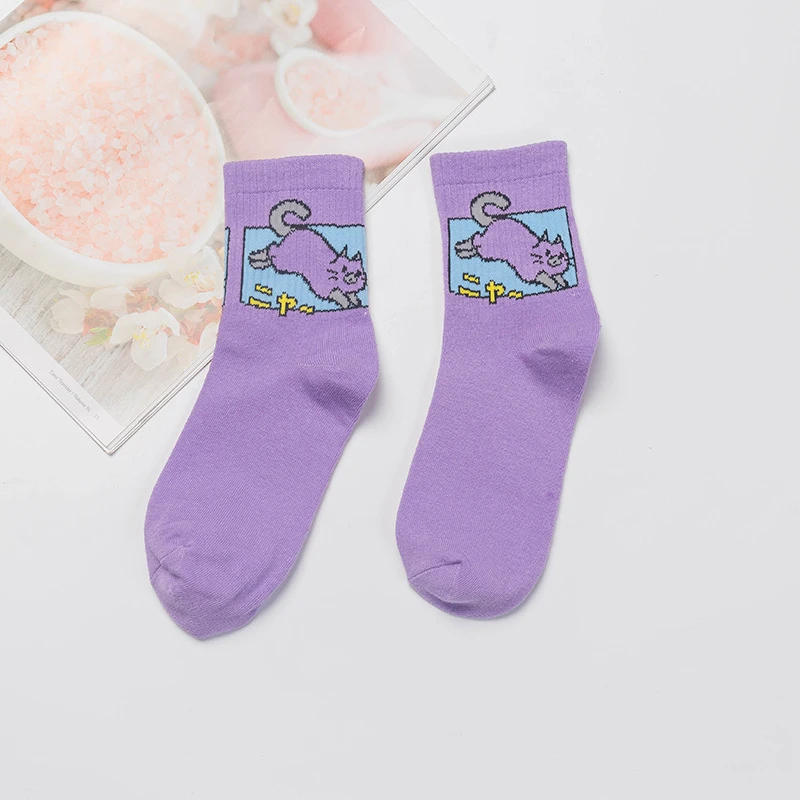 purple cat CHAOZHU японский swag мультфильм Динозавр пекарь молоко посылка для женщин девочек забавные носки повседневные уличные хип-хоп Модные женские harajuku - Цвет: purple cat