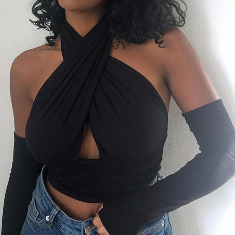 

Street Style Y2K Women T-Shirt Sexy Criss Cross Halter Bandage Autumn Tshirt Tops Backless Separate Long Sleeve Fashion Clothes