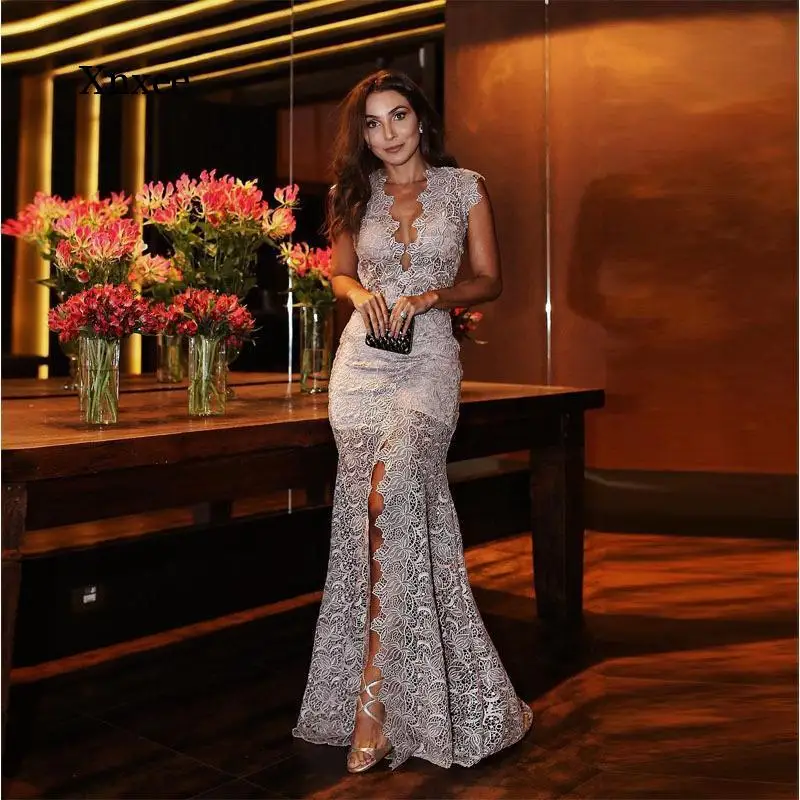 

Женское сексуальное кружевное платье с глубоким v-образным вырезом с высокой Разделение длинное платье Русалочки для девочки без рукавов, м...