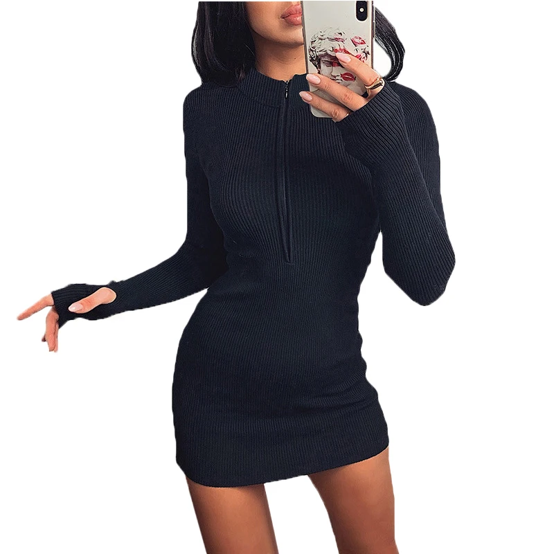 

Winter Black Fall Bodycon Ribbed Dress 2020 New Stand Collar Zipper Deep V-neck Solid Stretch Bodycon Pencil Party Mini Vestido