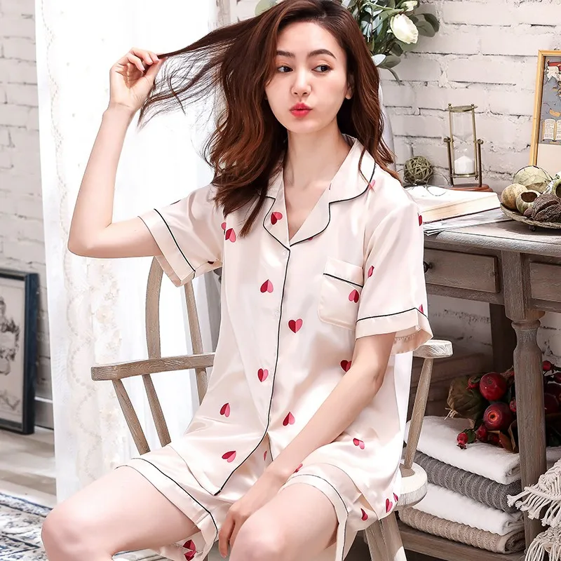 Lady Print Silky Nightgown Satin 2PCS Sleepwear Casual Pajamas Set Shirt&ampShorts Soft Intimate Lingerie Home Clothes Bathrobe | Женская