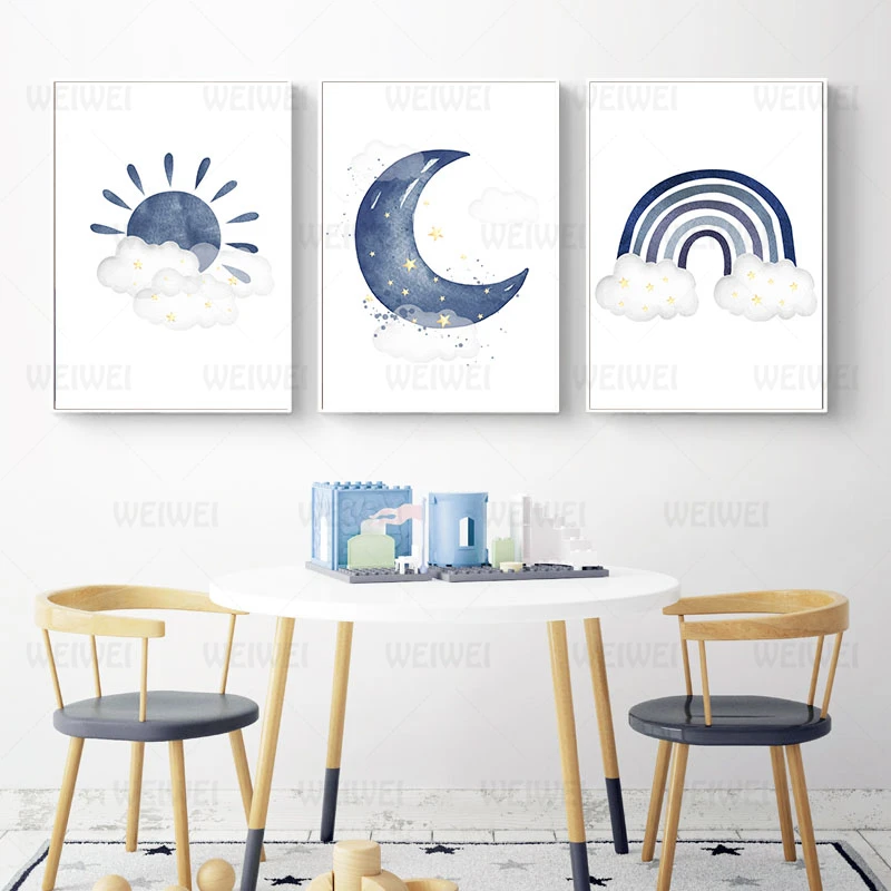 Детская комната синий холст Художественная печать Радуга солнце рисунок с Луной