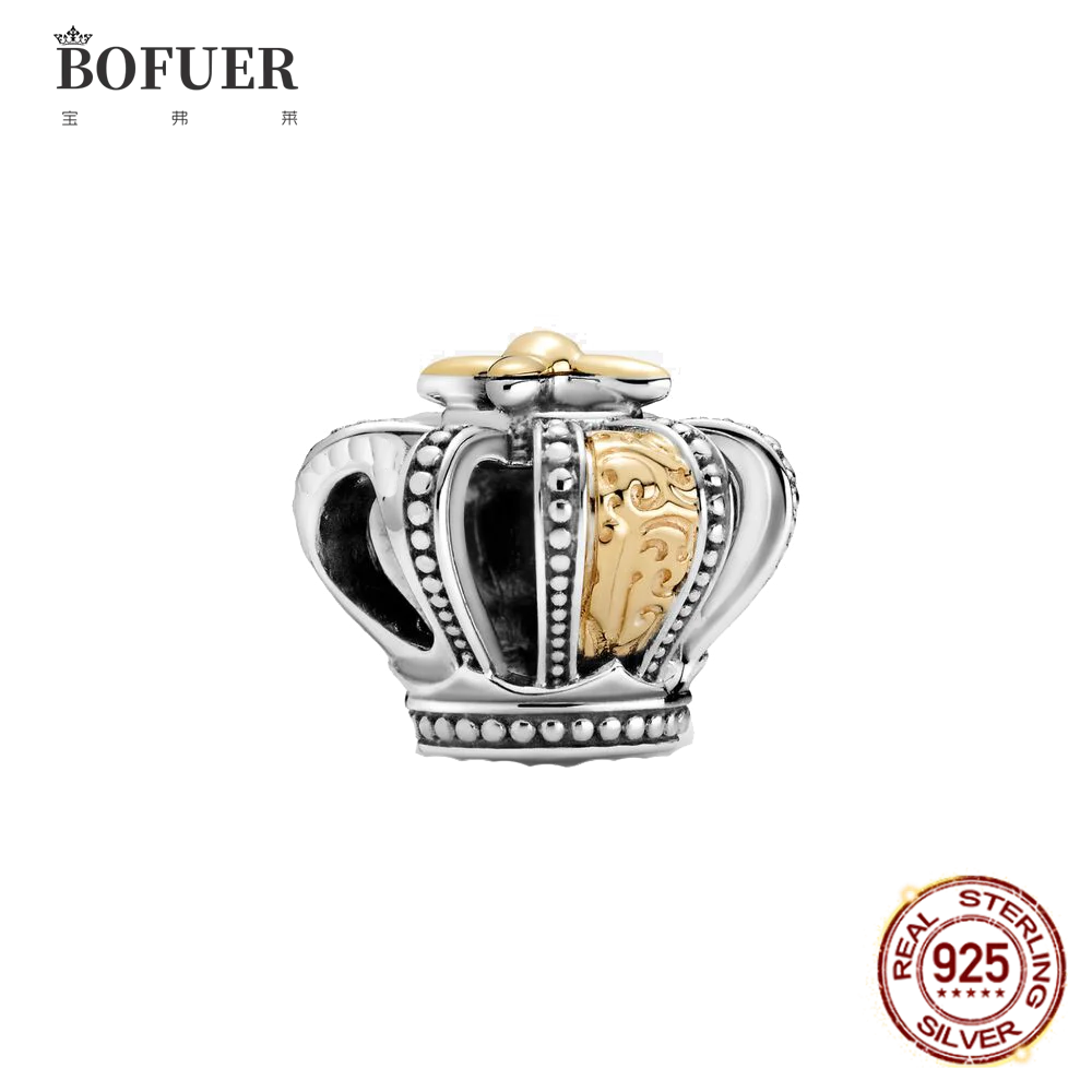 

BOFUER New Crow Charm Gold Queen Bead Fit Pandora Original Silver 925 Charms Bracelet DIY Jewelry For Women Gift 510B