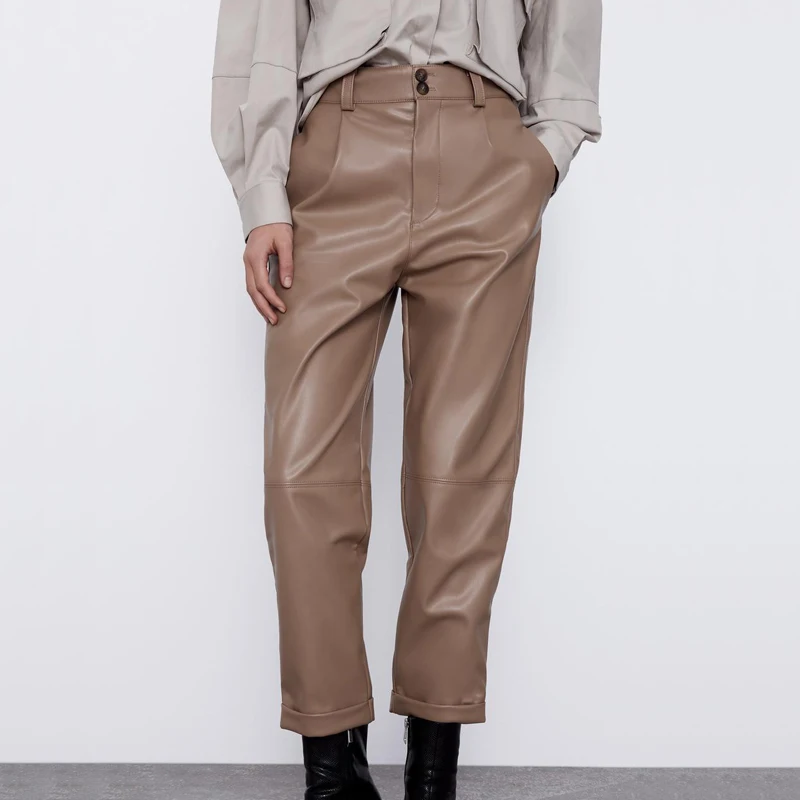 Женские прямые брюки из искусственной кожи Элегантные повседневные до щиколотки