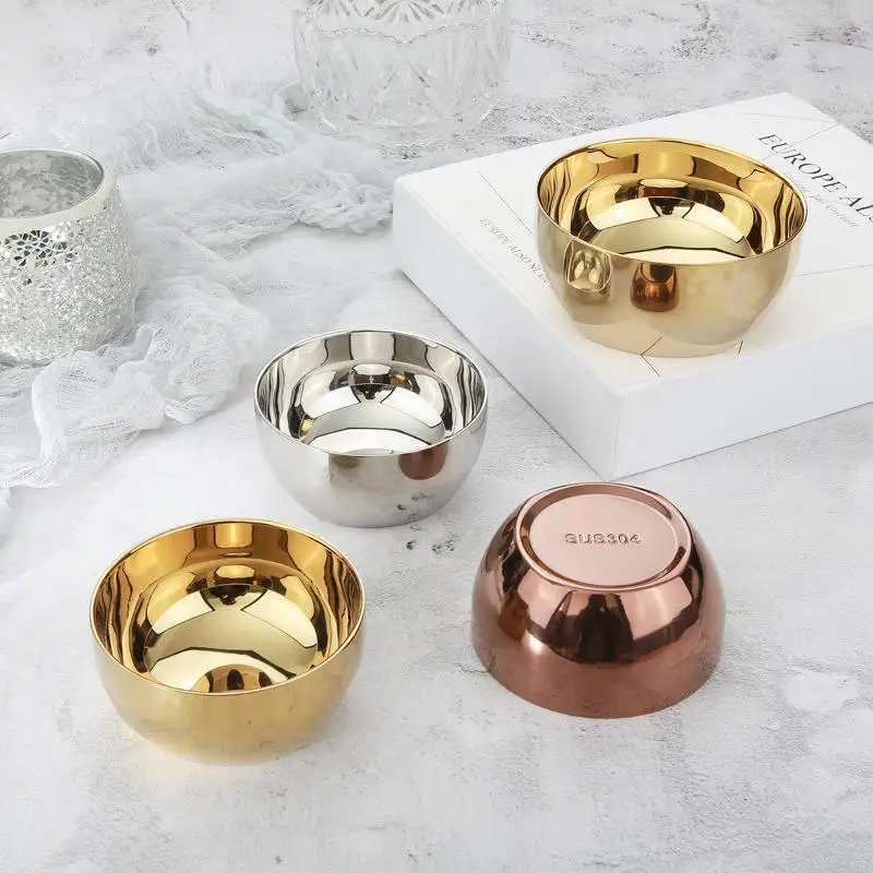 

304 Stainless Steel Bowls Golden/Silver Double-layer Insulated Kitchen Tableware Soup Sauce Rice Noodle Ramen Food Container 1PC