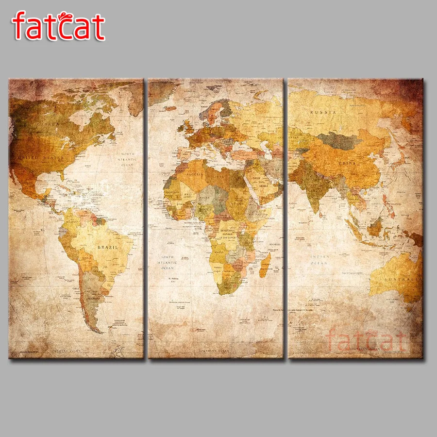 

FATCAT винтажная карта мира большой Триптих 5D Diy алмазная живопись полная мозаика Алмазная вышивка распродажа украшения для стен AE2897