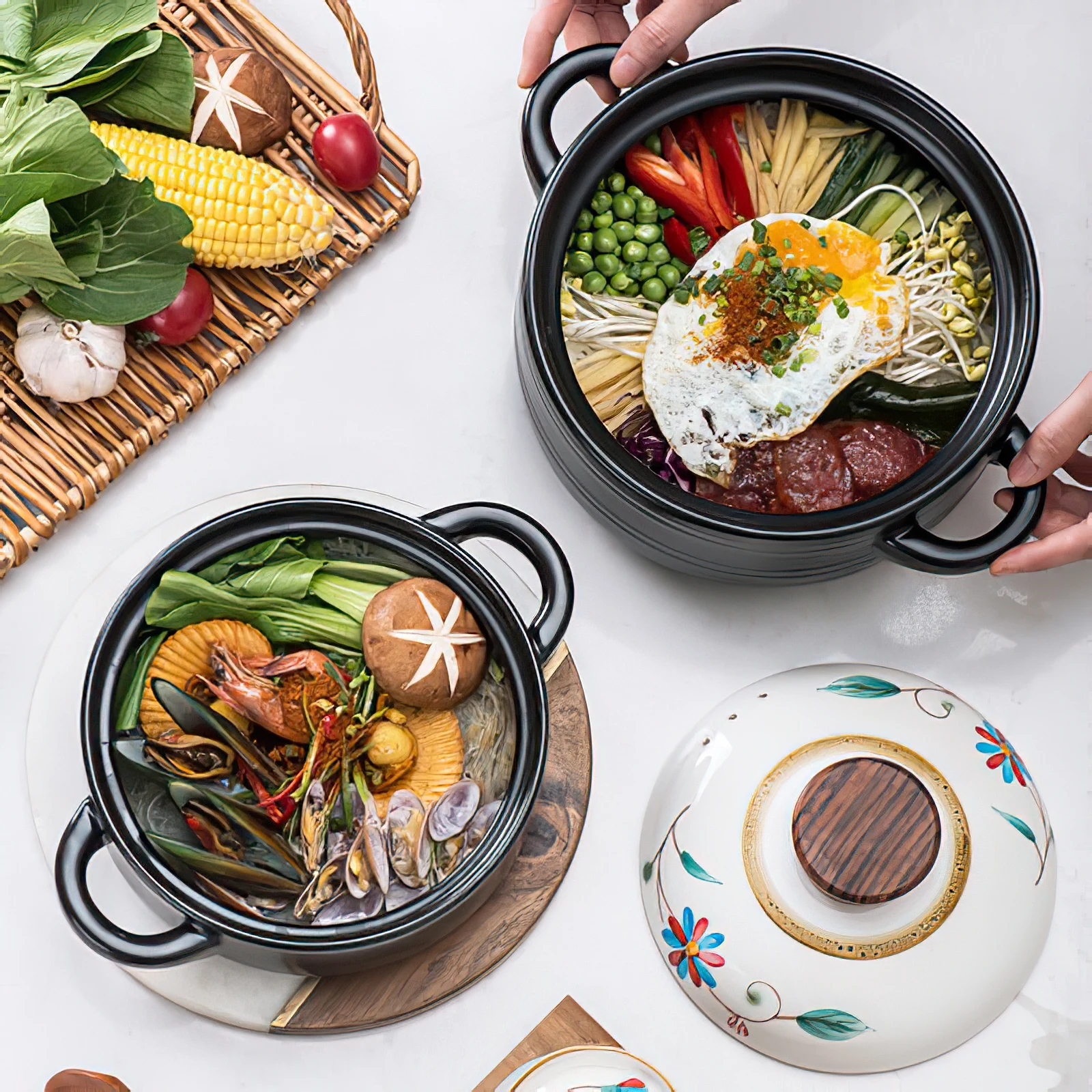 

Ceramic Casserole Japanese White Cover Black 1.5L To 4.5L Round Soup Pot Household Kitchen Supplies Cooking Utensils Saucepan