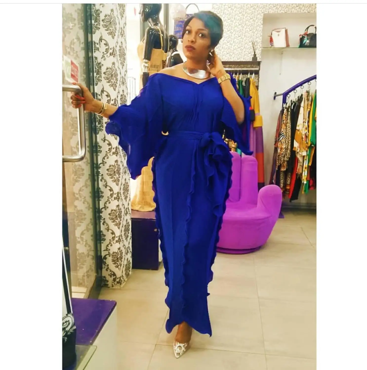 Женское плиссированное платье в африканском стиле свободное с v-образным вырезом