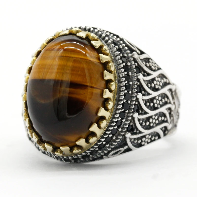 

New Hot Selling 925 Sterling Silver Ring Men's Natural Tiger Eye Ring Unisex Ring Men's High Jewelry