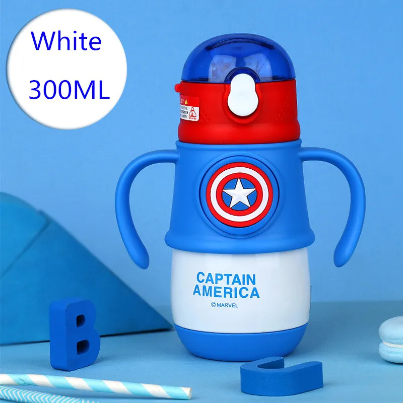 White1 300 мл 360 градусов герметичные детские кружки с соломинкой Marvel Америка капитан из нержавеющей стали детские тренировочные стаканчики для воды бутылки с ручкой - Цвет: White1