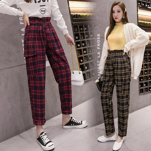Свободные 2019 осенние модные клетчатые Pantalon с высокой талией повседневные